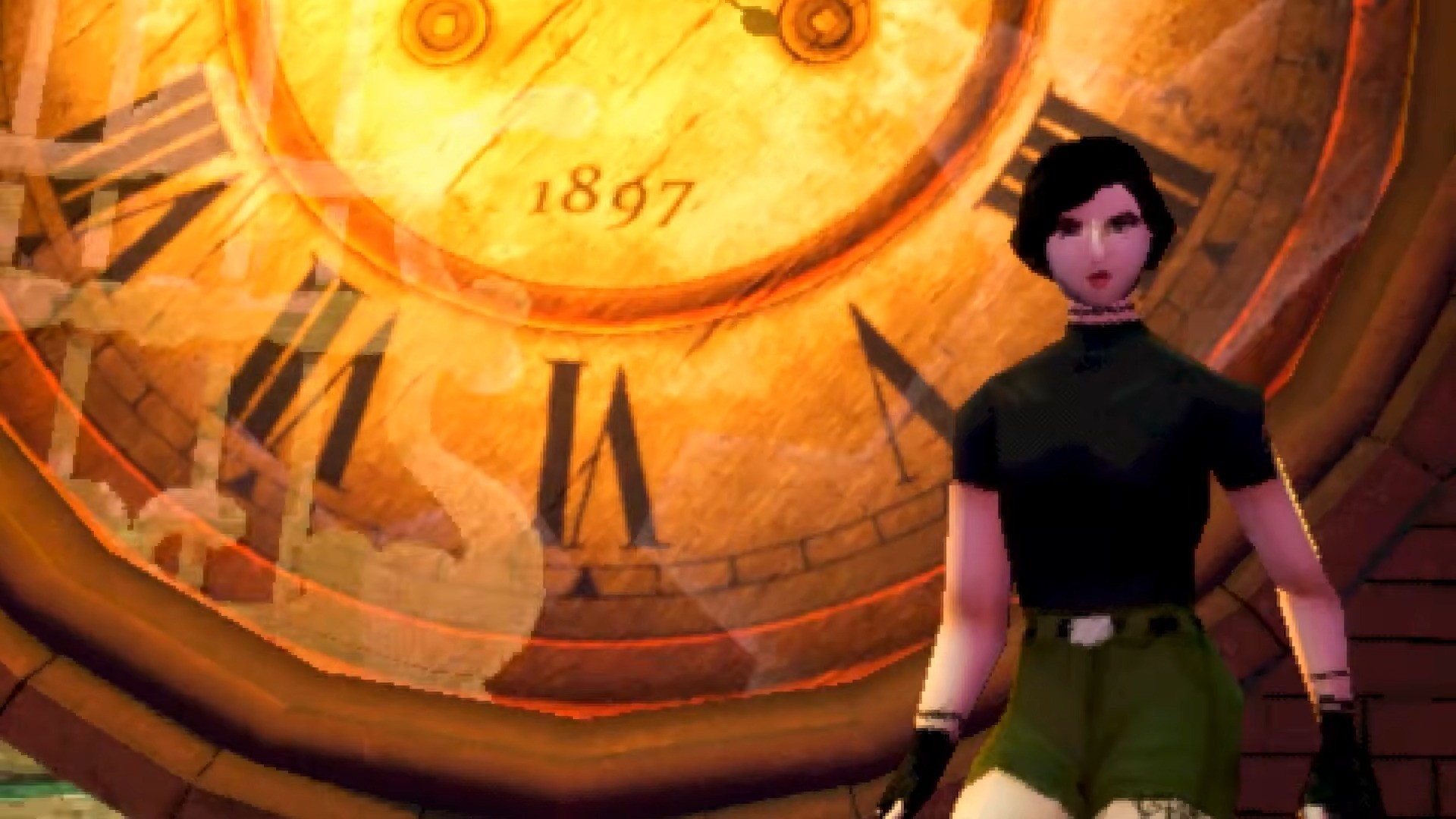 Sam stands in front of a massive clock in Heartworm