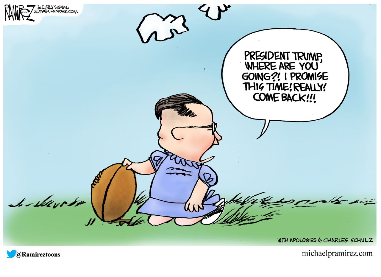 Political Cartoon U.S. Kim Jong-Un Trump peanuts Lucy