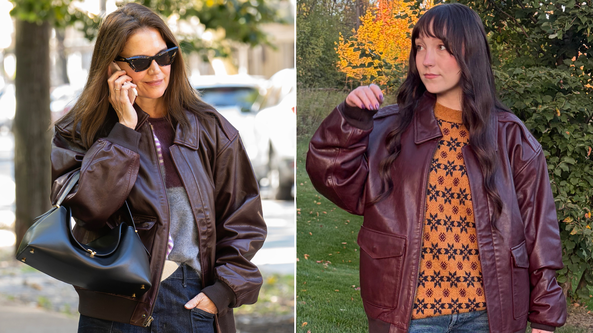 Katie Holmes wore a leather jacket and striped sweater from Banana Republic's designer collaboration with Zankov