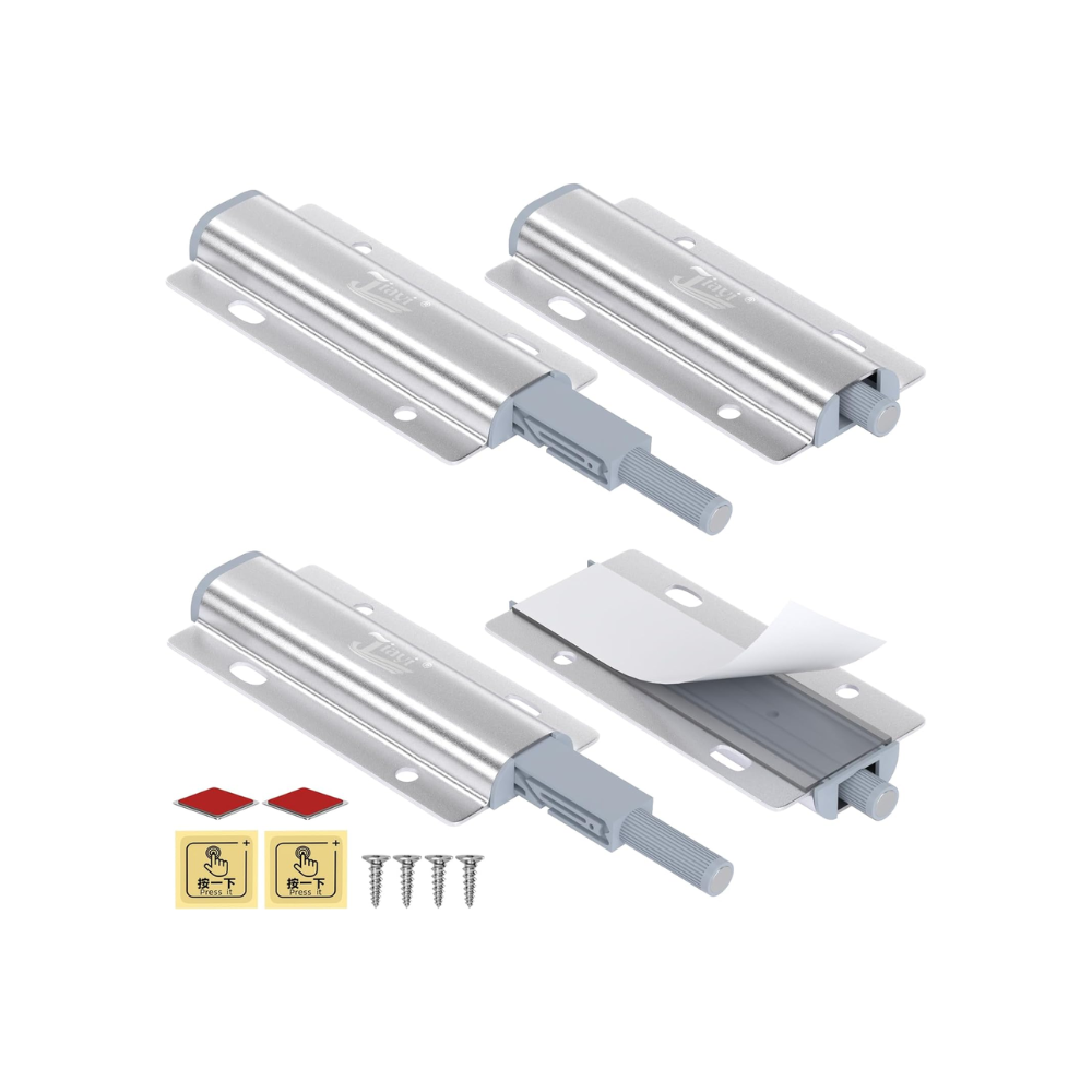 Two silver door latches with screws and stickers