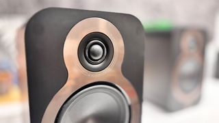 Q Acoustics 3020c standmount speakers close up focussing on tweeter