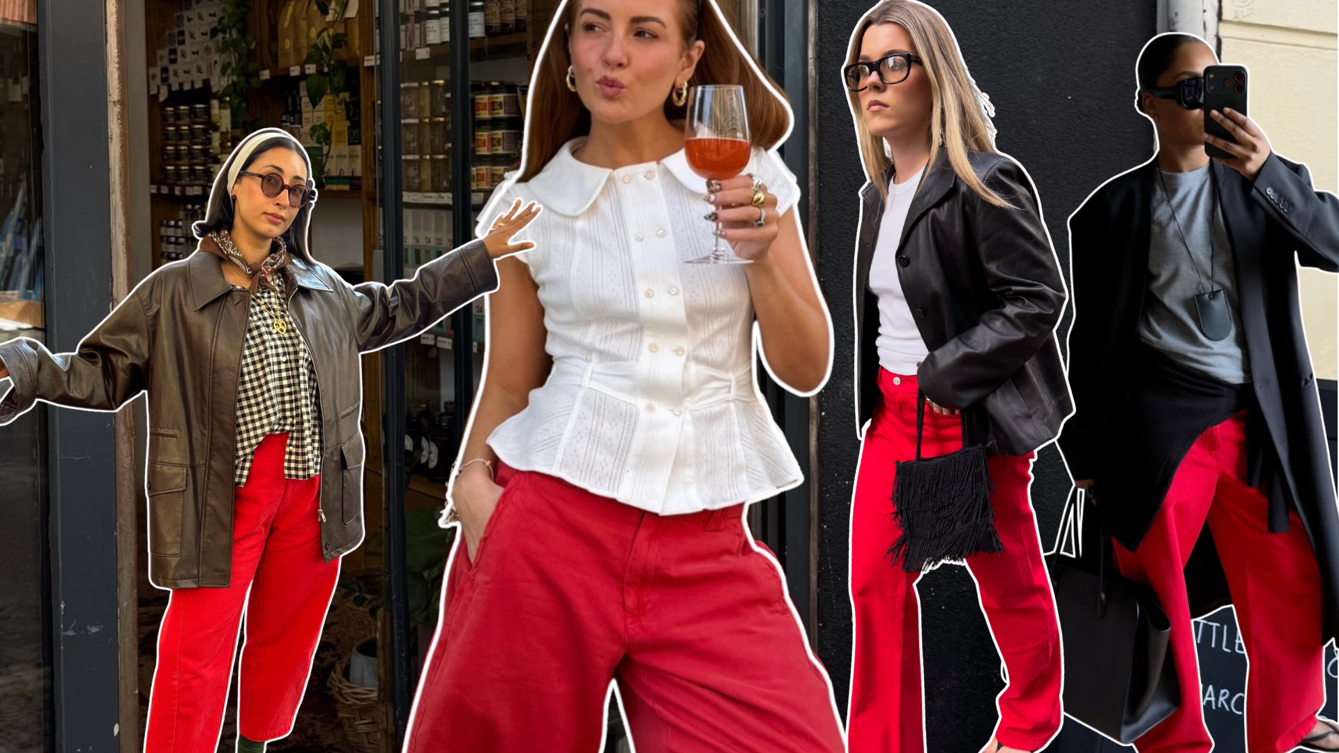 Heres how to wear red jeans in 2026. The image shows four of the five style profiles written about within this piece. 