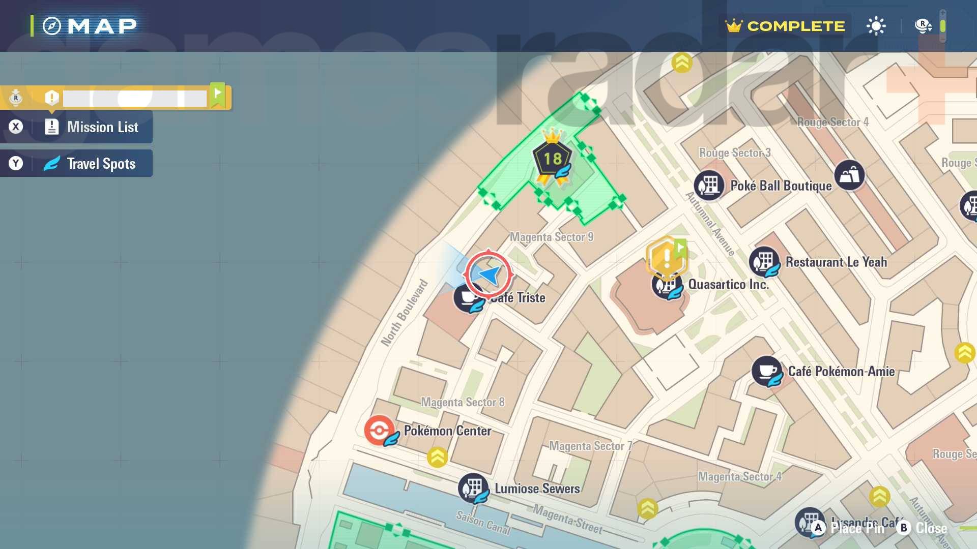 Pokemon Legends: Z-A map screenshot shows the location of Eevee in Magenta Sector 9.