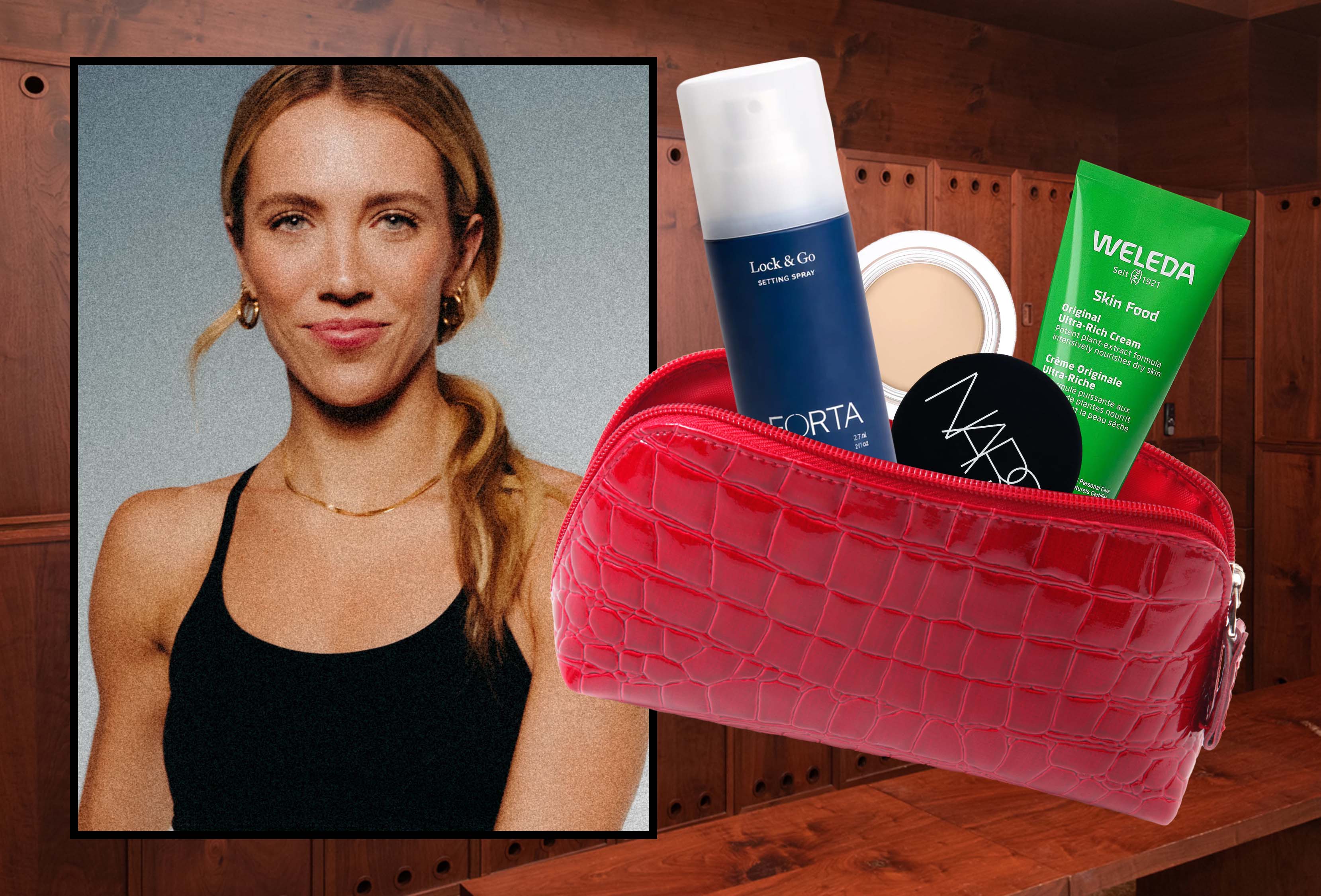 athlete lexie hull framed on top of a background featuring school locker rooms, next to a red makeup bag filled with beauty products