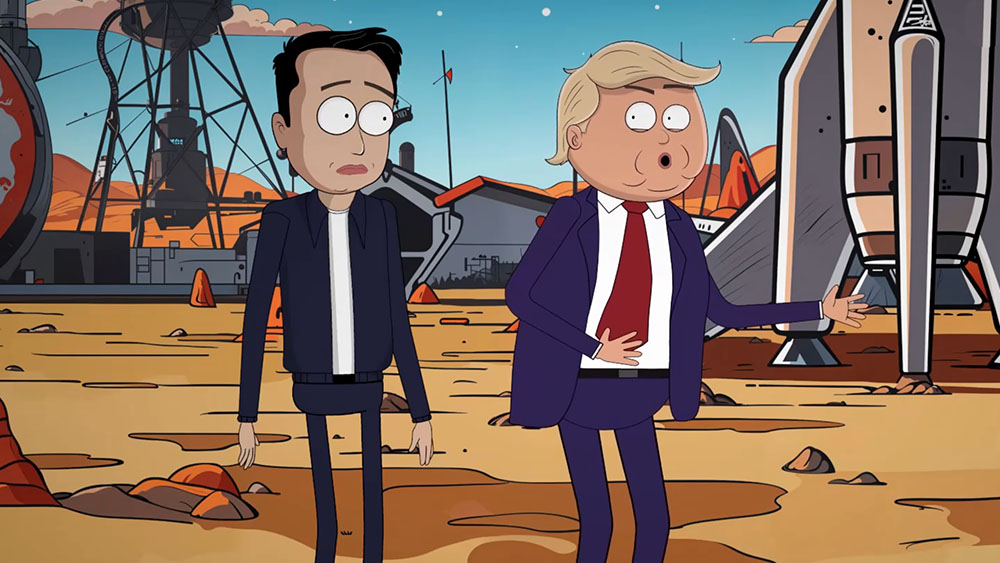 An cartoon-like image of Elon Musk and Donald Trump on Mars generated in the AI video generator platform Showrunner, described as the Netflix of AI