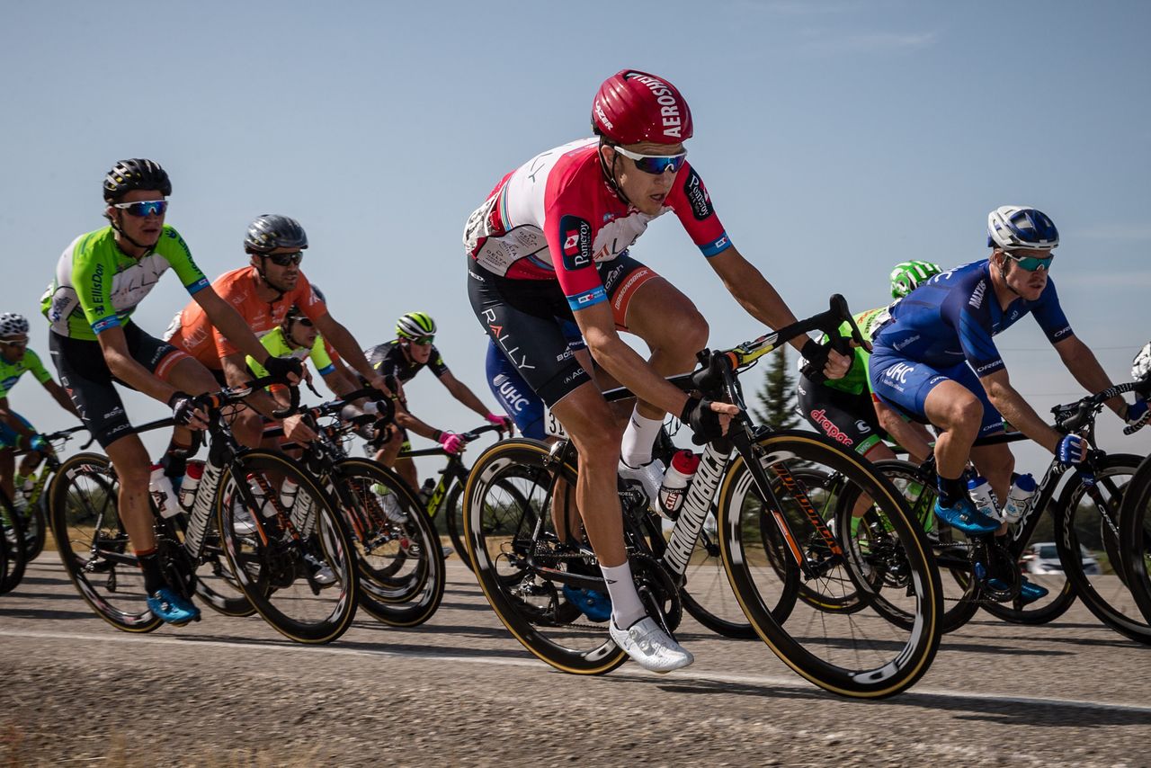 Rob Britton takes a corner during stage 2 at the Tour of Alberta