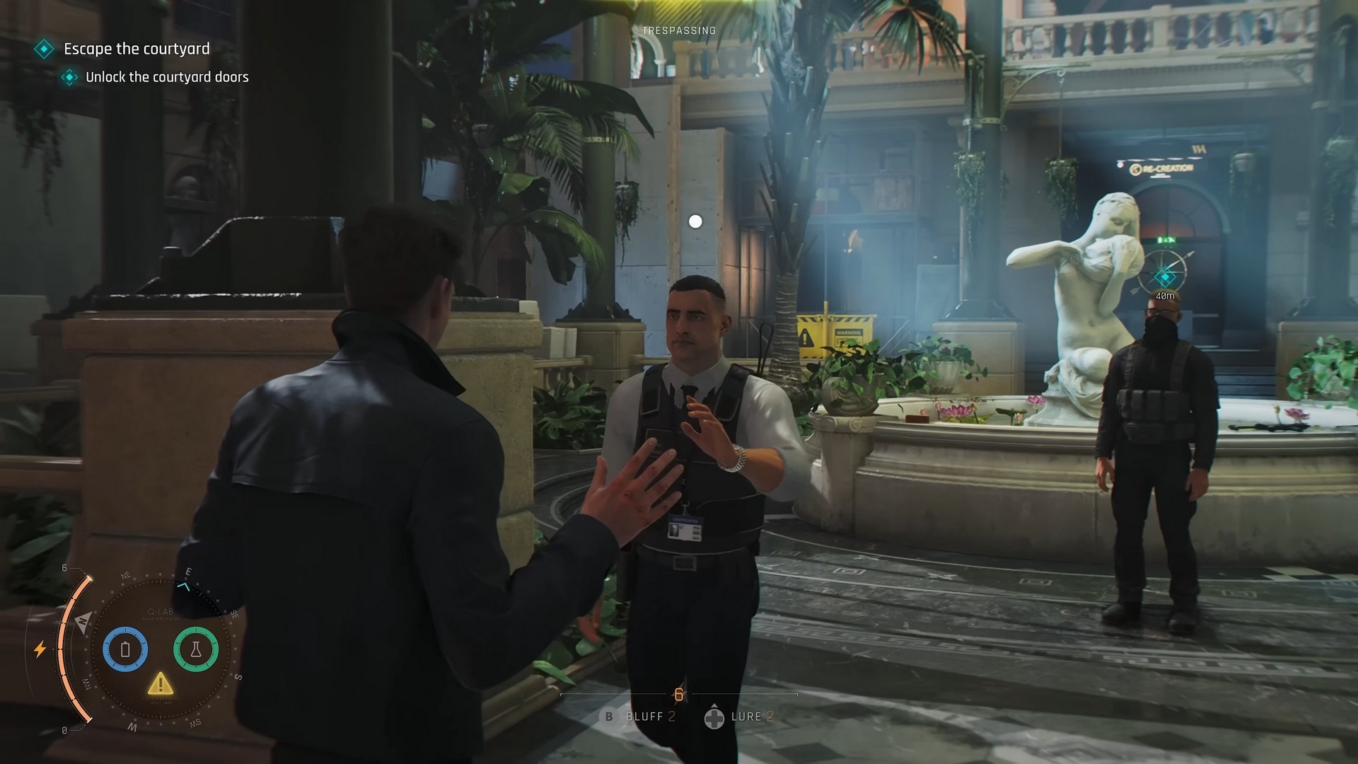 A guard approaches James Bond in 007 First Light within a restricted courtyard