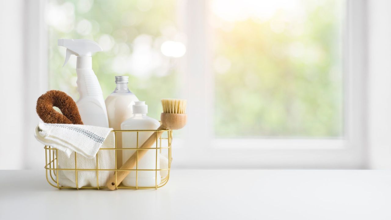 A wire basket with natural clenaing tools in it, one a white window ledge