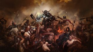 Art of the heroes of Diablo 4 fighting a horde of enemies.