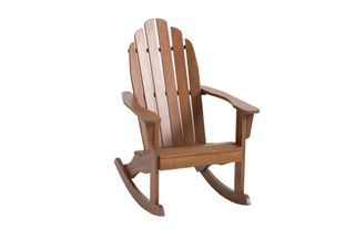 A wooden Adirondack rocking chair