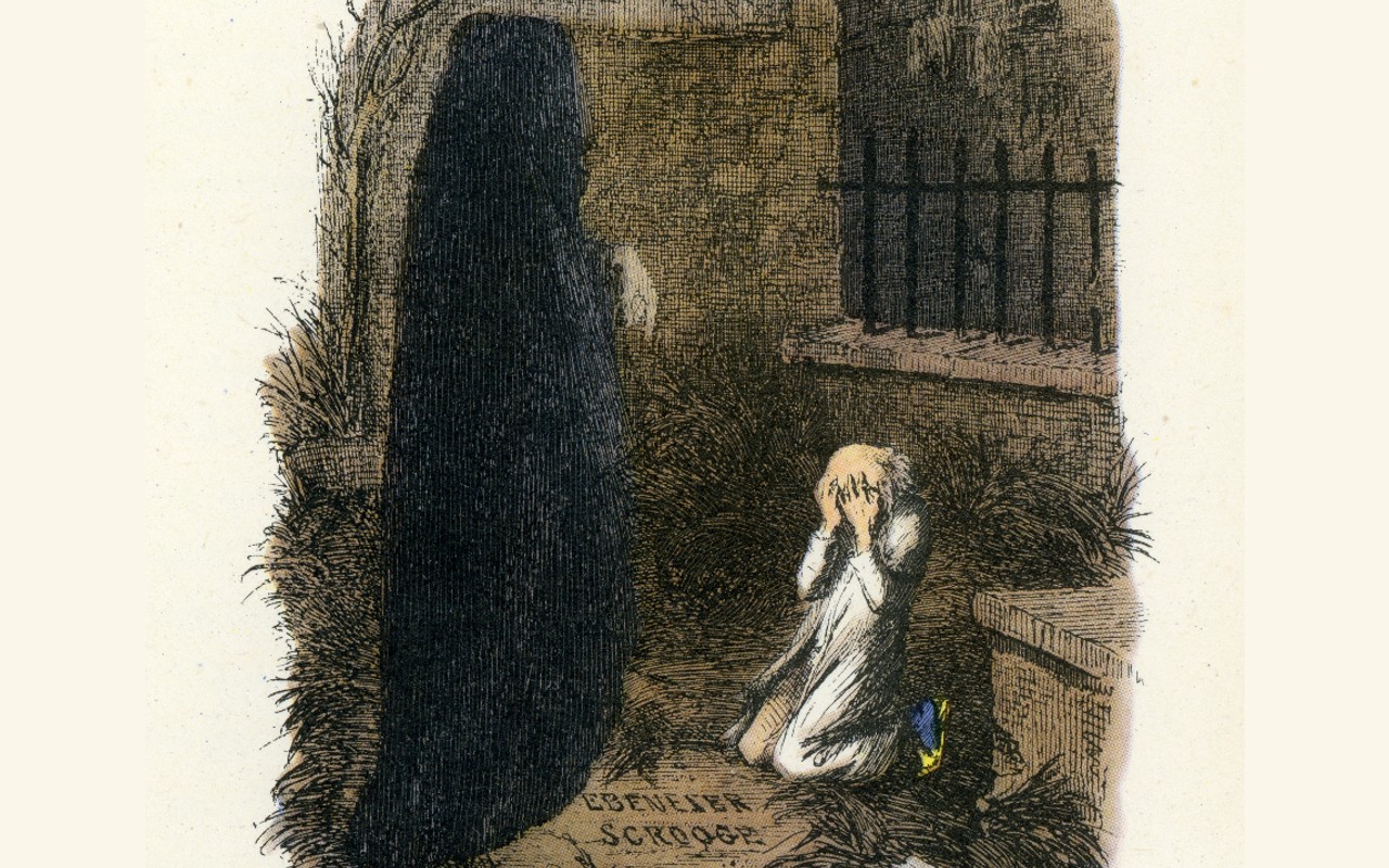 A sketch from the Christmas Carol shows a cloaked figure on the left and a person kneeling and clutching their head with their hands.