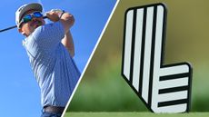 Ewen Ferguson hits a tee shot, with a close-up of a LIV Golf logo