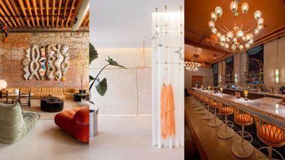 From left to right, we see the earthy-shaded interiors of a design shop, a minimalist designed fashion show room, and a mid-century modern restaurant.