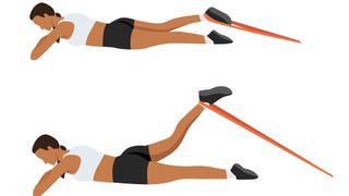Woman doing Leg curl prone with long resistance band exercise. flat vector illustration isolated on white background