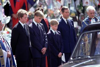 Prince William and Prince Harry with dad Prince Charles and uncle Charles Spencer at Princess Diana's funeral