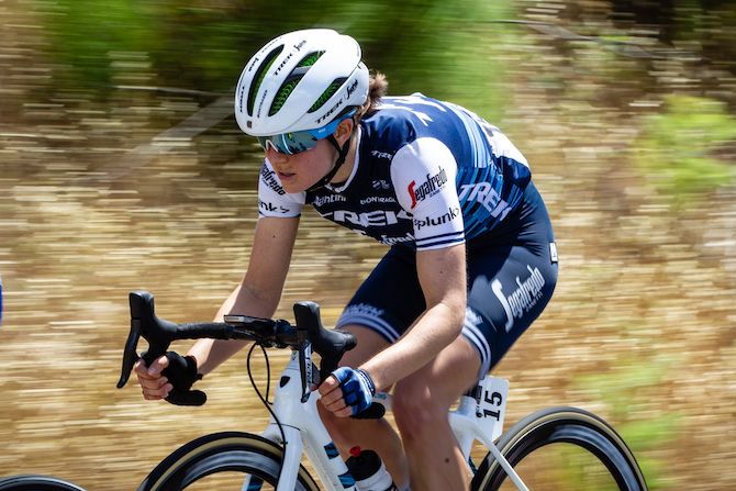 Ruth Winder (Trek-Segafredo) moves to the front of the bunch on the way to the final QOM during stage 1 of the 2019 Tour of California Women's Race