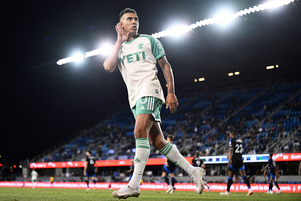 Myrto Uzuni #10 of Austin FC celebrates scoring his team&#039;s second goal off a penalty kick against the San Jose Earthquakes in the second overtime during a quarter-final match of the 2025 U.S. Open Cup Championship at PayPal Park on July 08, 2025 in San Jose, California