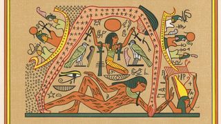 hieroglyphs depict a giant woman forming an arch above someone laying down and someone raising their arms next to two birds and an eye. On her back, two boats on either side, filled with people. 