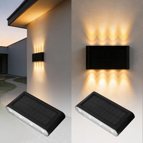 Sorapwod Solar Wall Lights Outdoor 2 Pack, Up and Down Solar Wall Sconce, 3000k Warm White Dusk to Dawn, Ip65 Waterproof Exterior Mounted Lights, Up to 16h Runtime for Porch, Doorway, Entryway