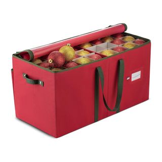 Red storage box filled with baubles