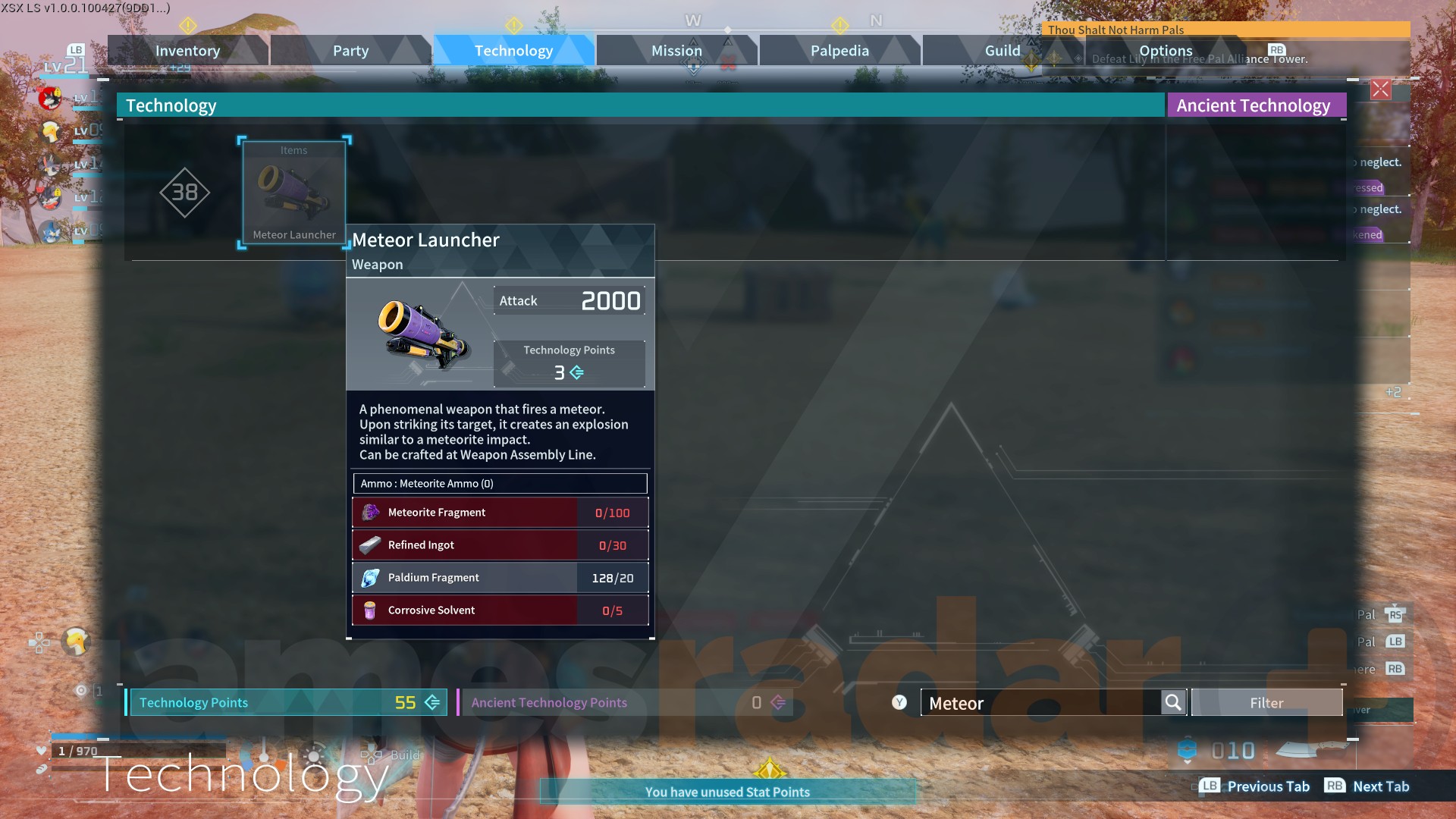 The Meteor Launcher recipe, which requires Palworld Meteorite Fragments, found at Technology Level 38.
