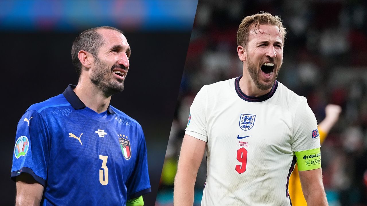 Composition of Giorgio Chiellini and Harry Kane, football captains for Italy vs England in the Euro 2020 final