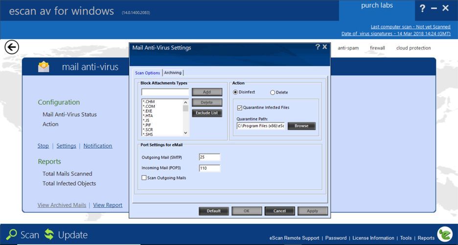 eScan blocks malicious attachments, though you can decide which files to completely block and which to let through.