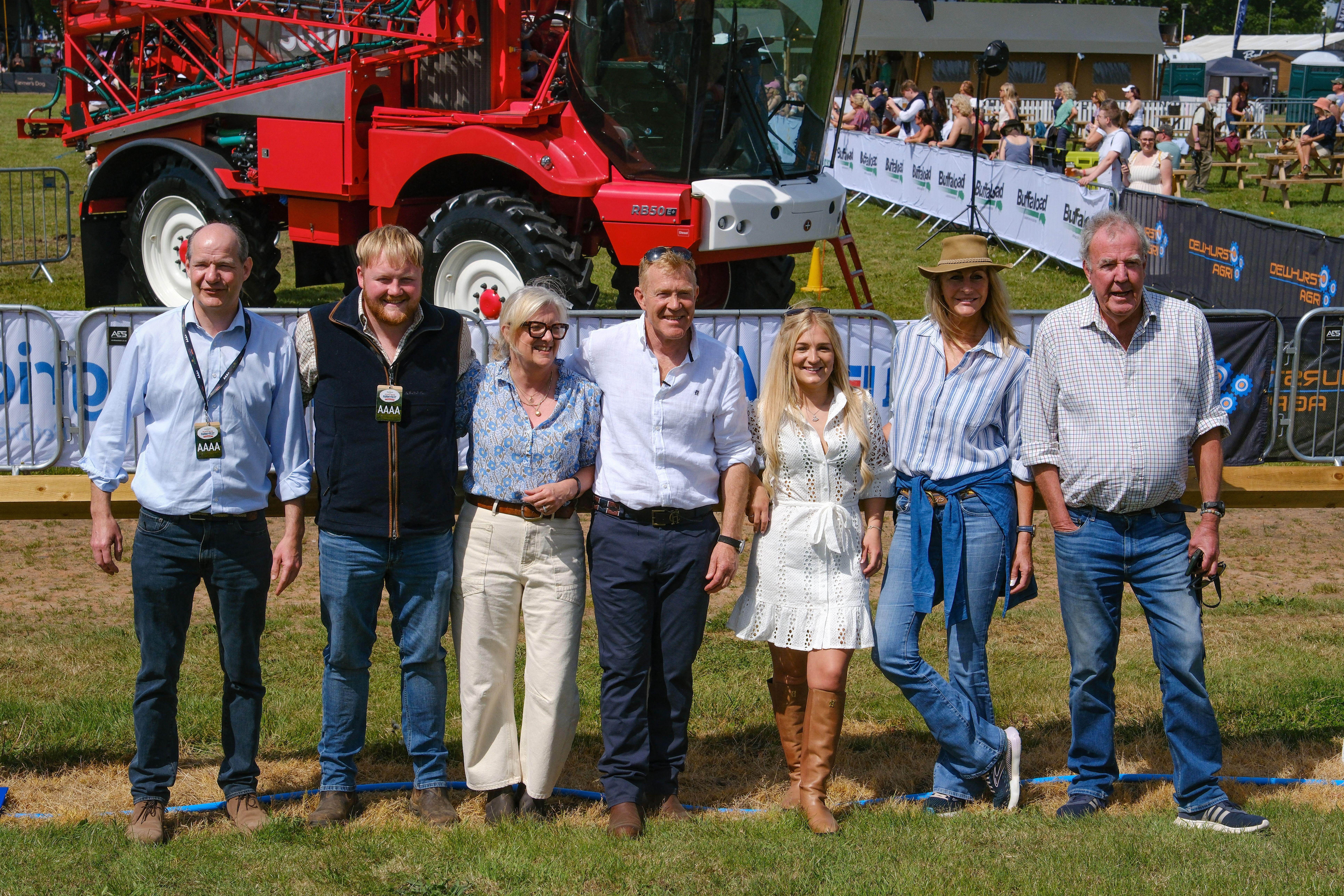 From left to right: Charlie Ireland, Kaleb Cooper, Charlotte Smith, Adam Henson, Harriet Cowan, Lisa Hogan and Jeremy Clarkson at the Farm Fest