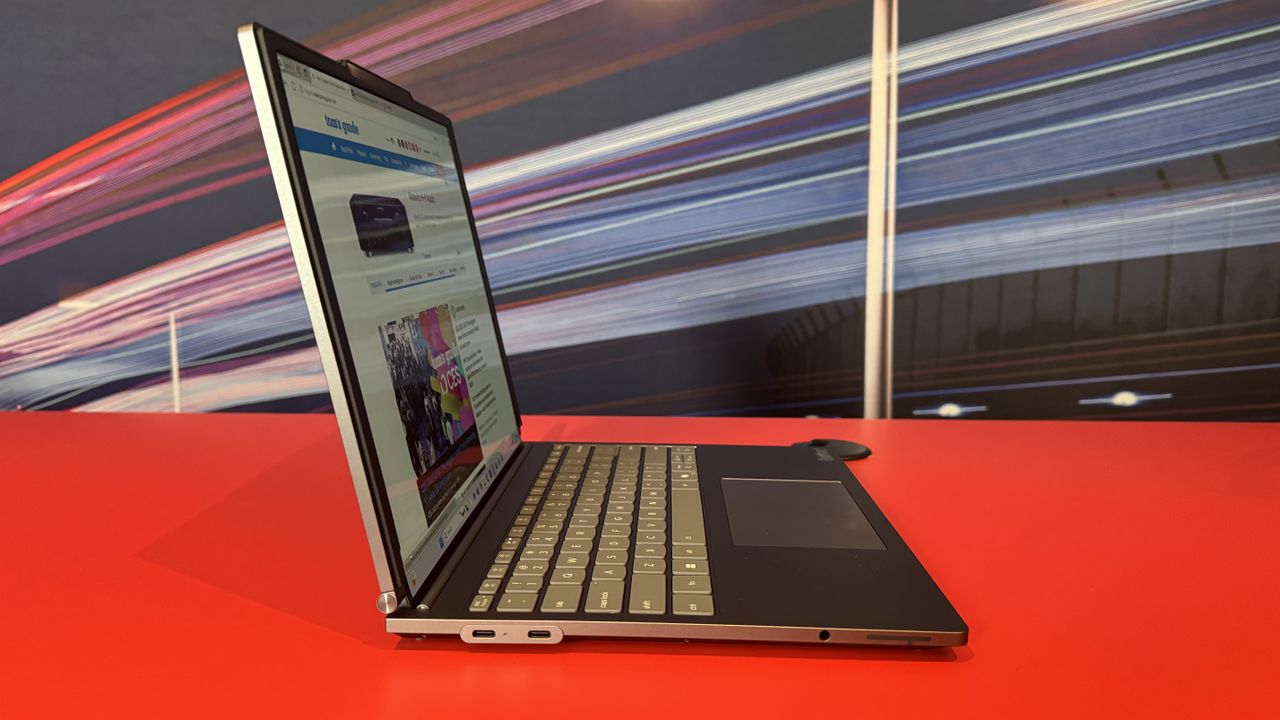 Lenovo ThinkBook Plus Gen 6 from the side with display at regular size