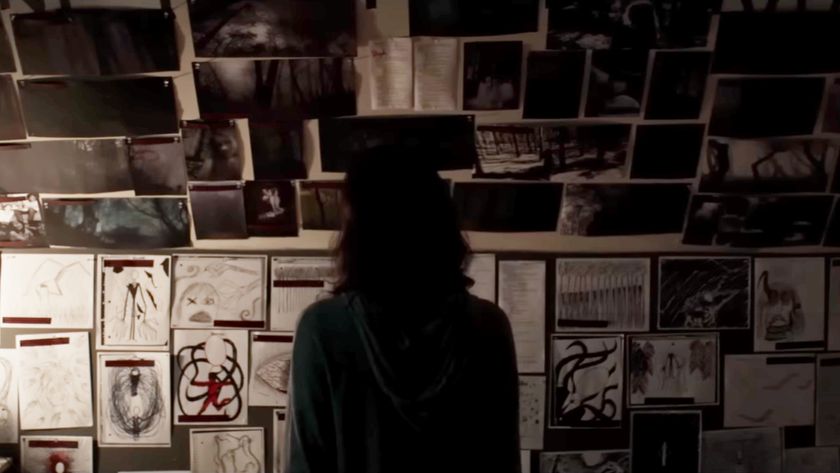 A girl looking at a wall of Slender Man drawings in Slender Man