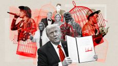 Collage depicting Donald Trump, a bunch of opened bird cages, and images of all the famous people he has pardoned as president