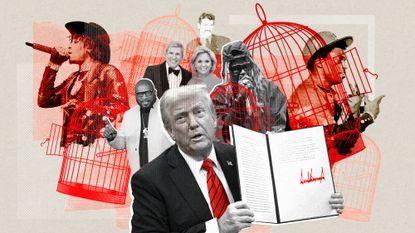 Collage depicting Donald Trump, a bunch of opened bird cages, and images of all the famous people he has pardoned as president