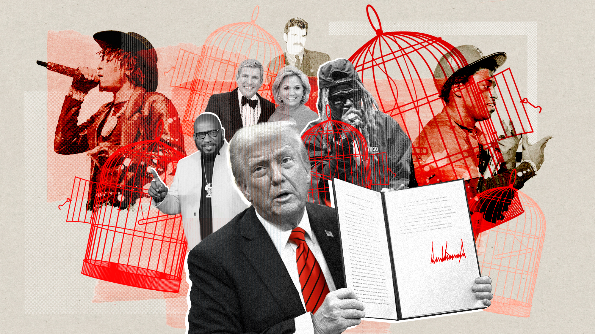 Collage depicting Donald Trump, a bunch of opened bird cages, and images of all the famous people he has pardoned as president
