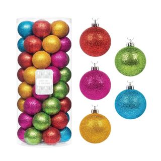 A box of multicolored baubles with five baubles out of the box