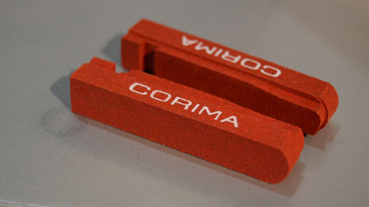 Corima's new carbon-specific brake pad, developed with lots of input from Astana. Corima say they did a lot of R&amp;D on braking and that their new brake tracks are safe beyond 200˚C