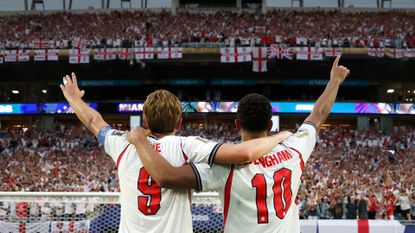 ude Bellingham #10 and Harry Kane #9 of England applaud fans after the 2-1 victory during the FIFA World Cup 2026 Quarter Final match