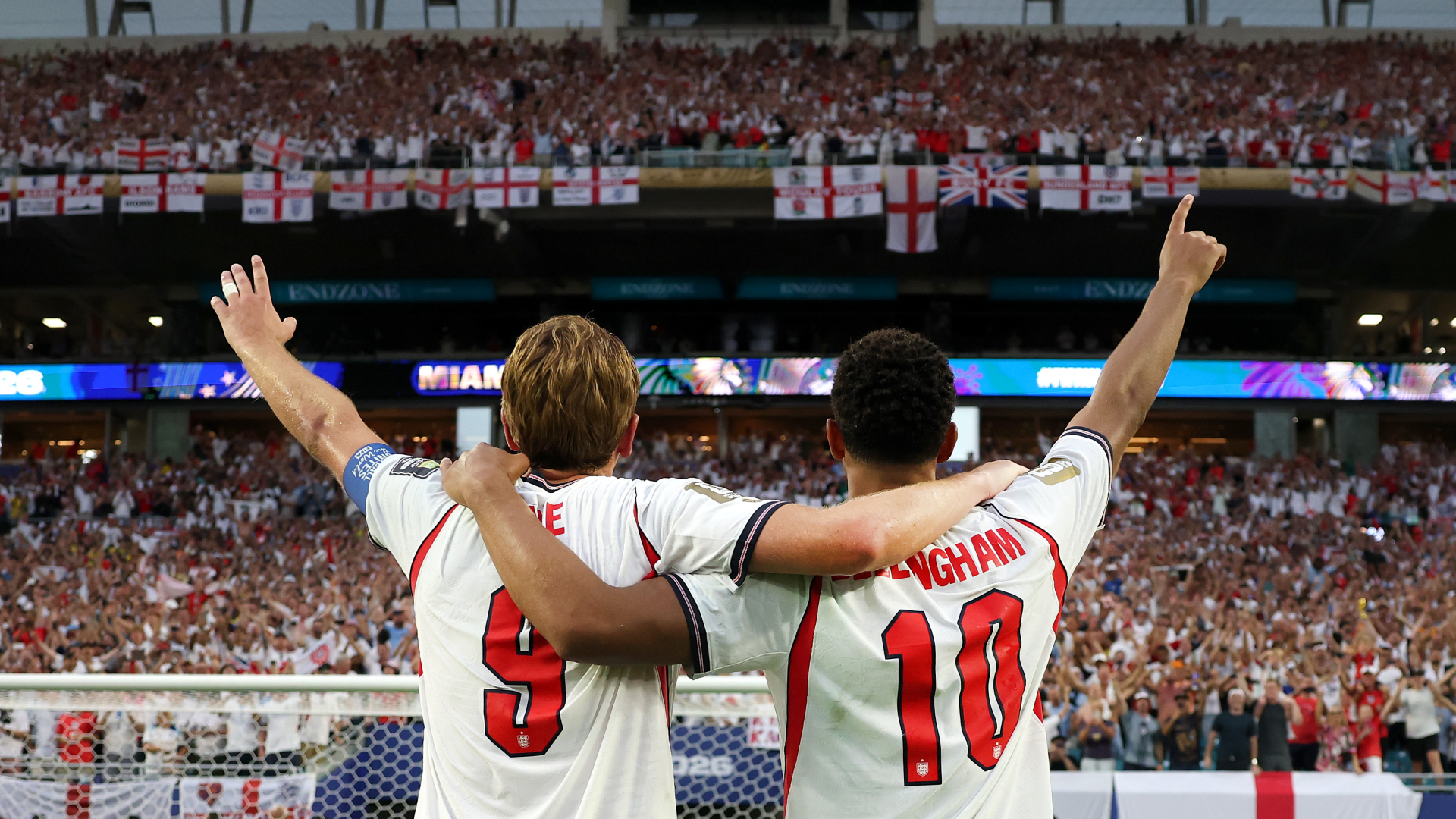 ude Bellingham #10 and Harry Kane #9 of England applaud fans after the 2-1 victory during the FIFA World Cup 2026 Quarter Final match