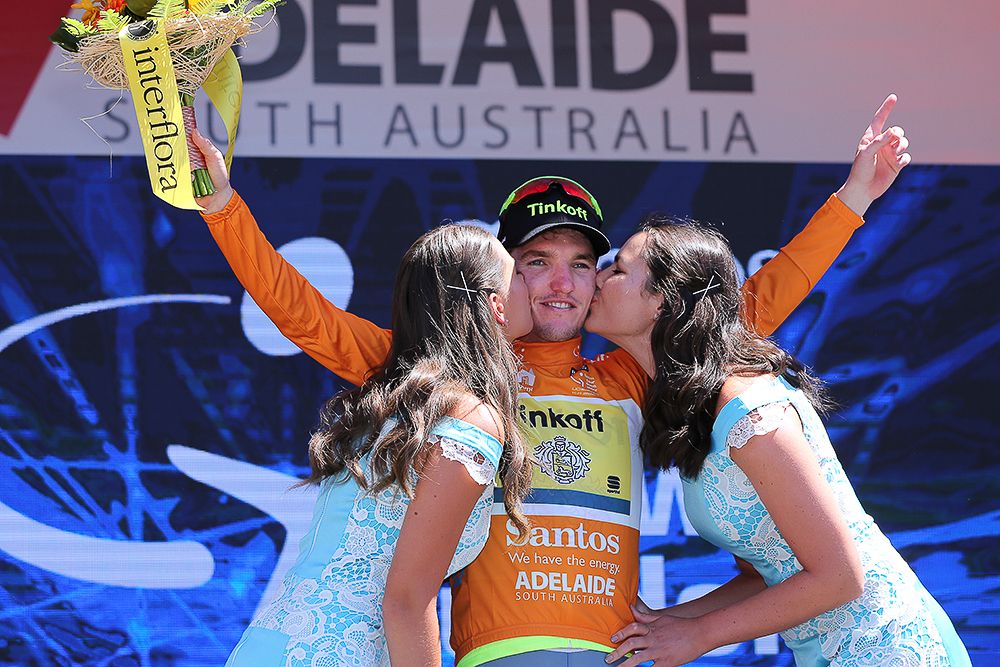 Jay McCarthy in the race leader's ochre jersey.
