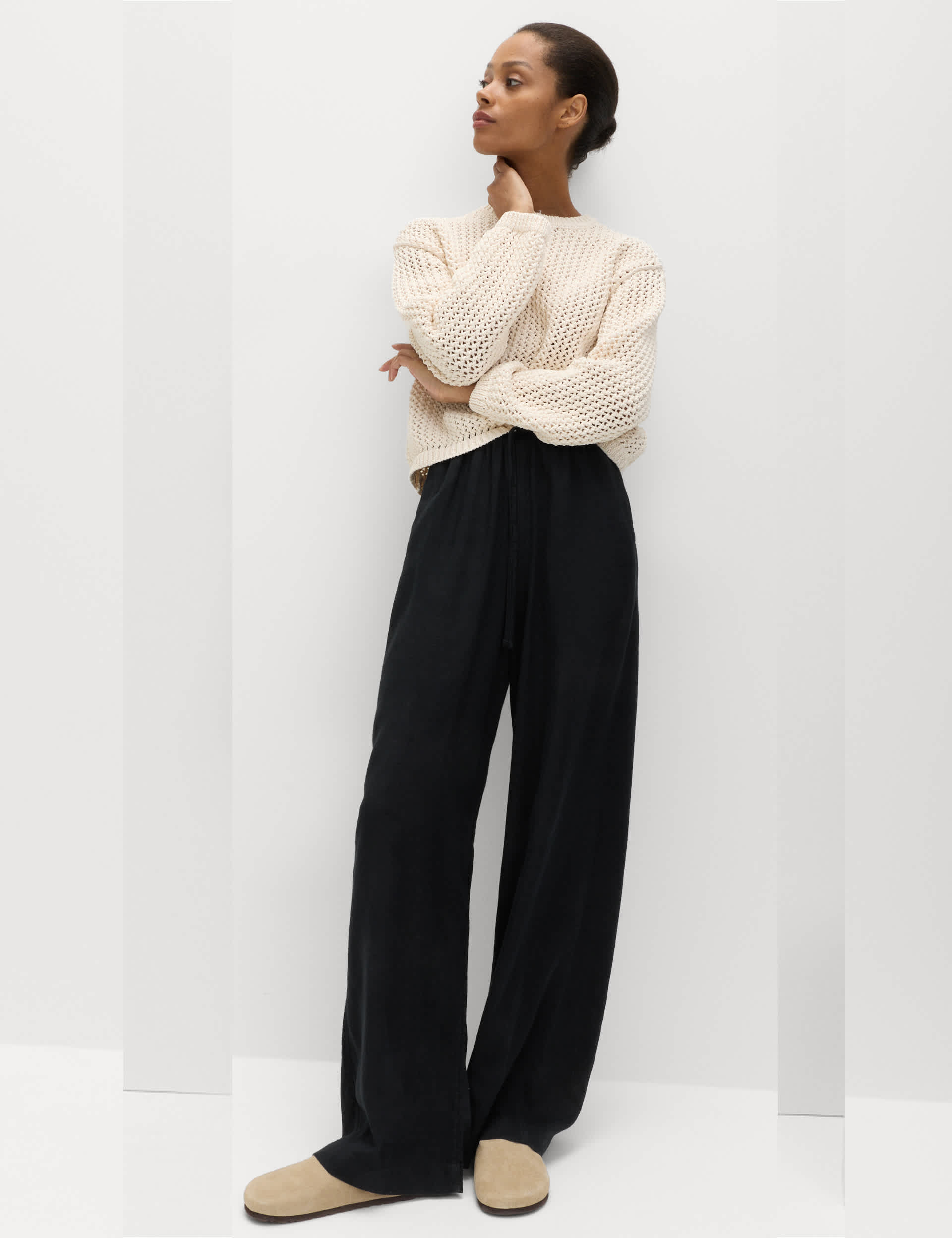 Drawstring Wide Leg Trouser with Linen