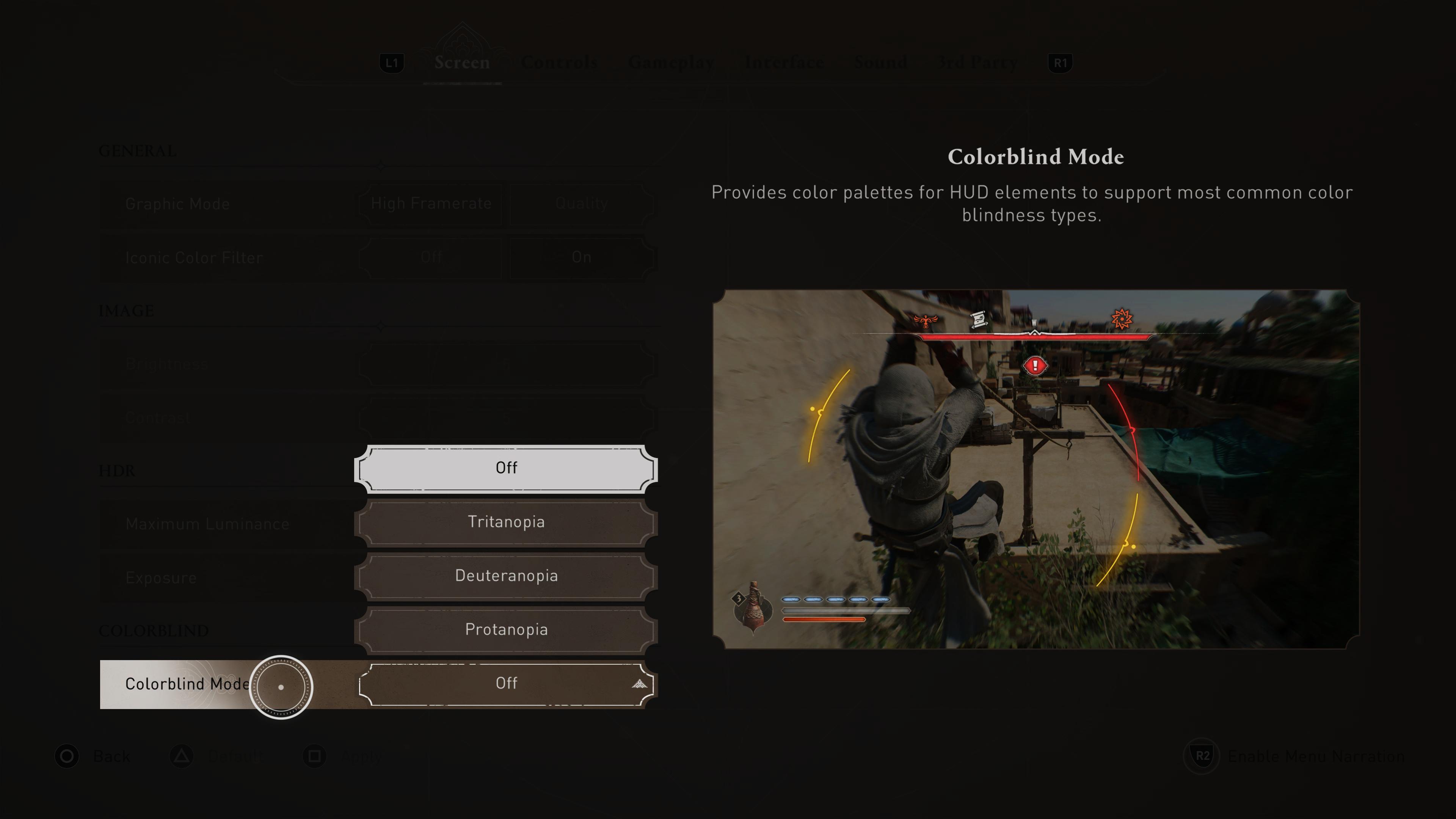 Screenshots of menus from Assassin's Creed Mirage