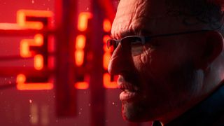 A close up of Benny in front of a neon sign in Vampire: The Masquerade - Bloodlines 2