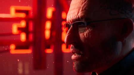 A close up of Benny in front of a neon sign in Vampire: The Masquerade - Bloodlines 2