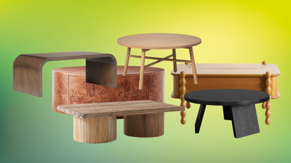 multiple wood coffee tables on a colorful background