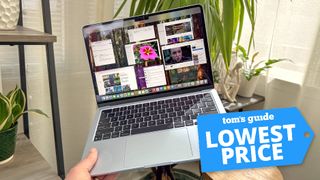MacBook Air M4 in hand in room with plants in background with Tom's Guide Lowest Price badge