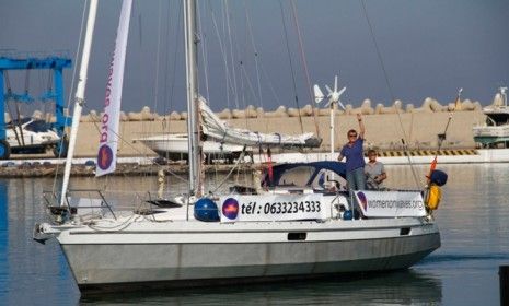 &amp;quot;Women on Waves&amp;quot; advertises a hotline for safe abortions as it sails around a port in northern Morocco on Oct. 4.