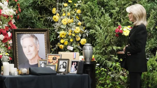 Marlena (Deidre Hall) says a final goodbye to John Black (Drake Hogestyn) at the funeral in Days of Our Lives.