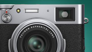 The Fujifilm X100V camera on a green background