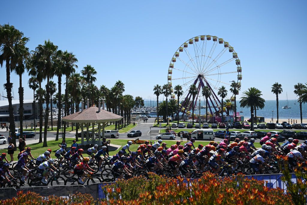 GEELONG AUSTRALIA FEBRUARY 01 A general view of the peloton passing through a landscape during the 9th Cadel Evans Great Ocean Road Race 2025 Womens Elite a 1418km one day race from Geelong to Geelong UCIWWT on February 01 2025 in Geelong Australia Photo by Dario BelingheriGetty Images
