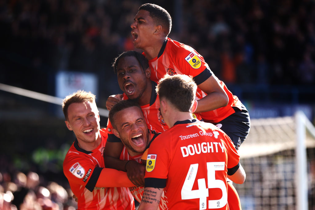 Carlton Morris of Luton Town celebrates after scoring the team's second goal during the Sky Bet Championship between Luton Town and Blackpool at Kenilworth Road on April 10, 2023 in Luton, England.