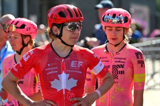 AARSCHOT BELGIUM JUNE 08 LR Alison Jackson of Canada and Letizia Borghesi of Italy and Team EF EducationCannondale prior to the 4th Dwars door het Hageland 2024 Womens Elite a 1283km stage from Aarschot to Diest UCIWWT on June 08 2024 in Aarschot Belgium Photo by Luc ClaessenGetty Images